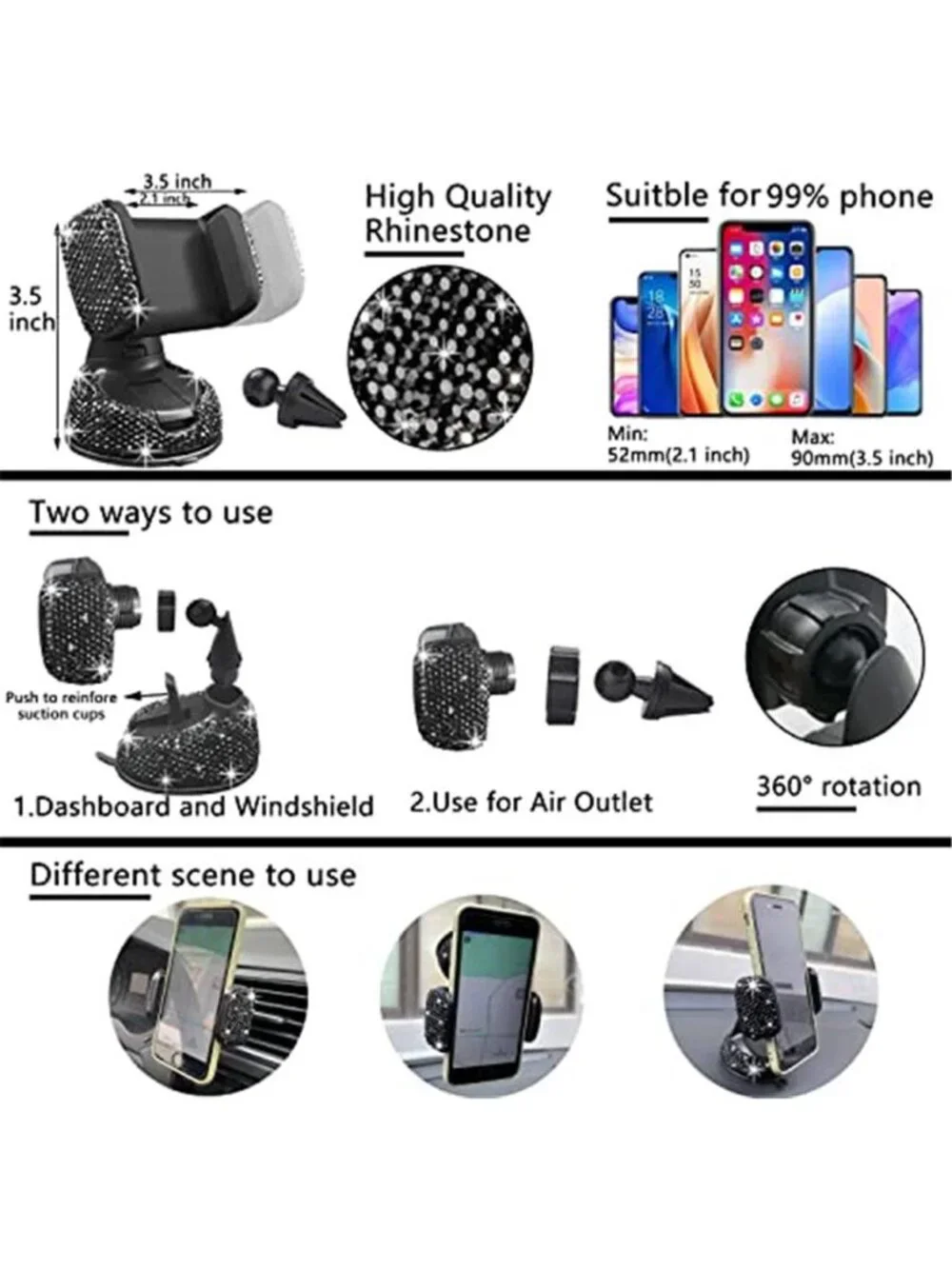 27 PCs Black Bling Car Accessories Set for Women, Steering Wheel Covers